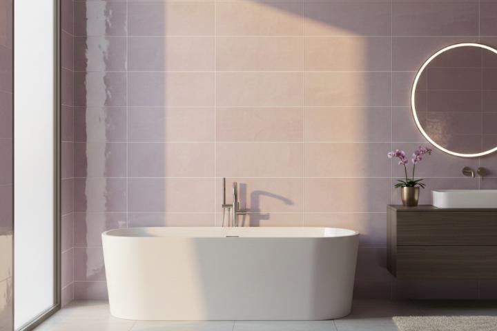 Pink stacked wall tile bathroom with modern minimalist design