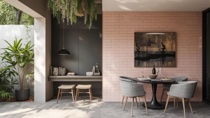 Pink subway tile wall with horizontal stacked pattern in dining area