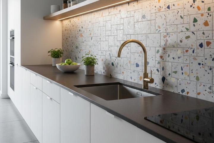 Terrazzo subway tile backsplash in modern kitchen
