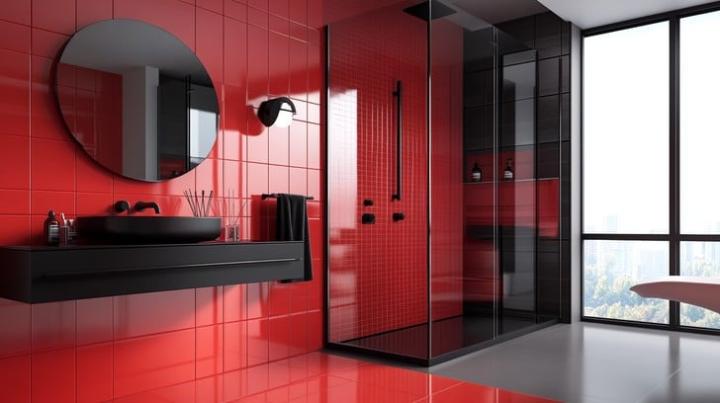 Glossy red wall tile bathroom with vertical stacked pattern