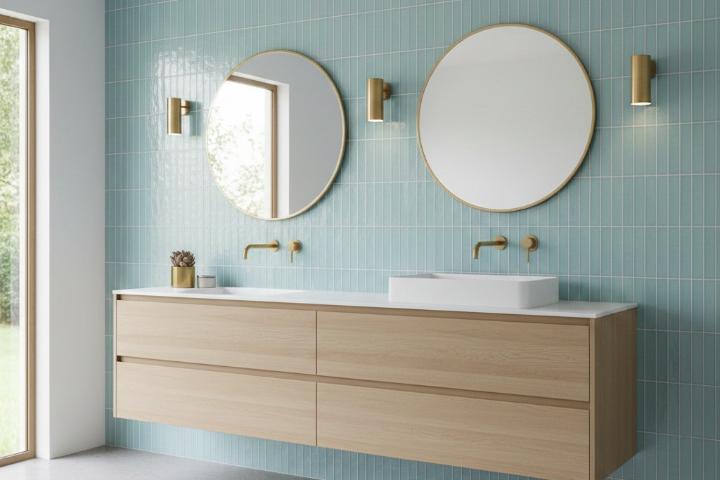 Glossy blue vertical stacked wall tile in modern bathroom
