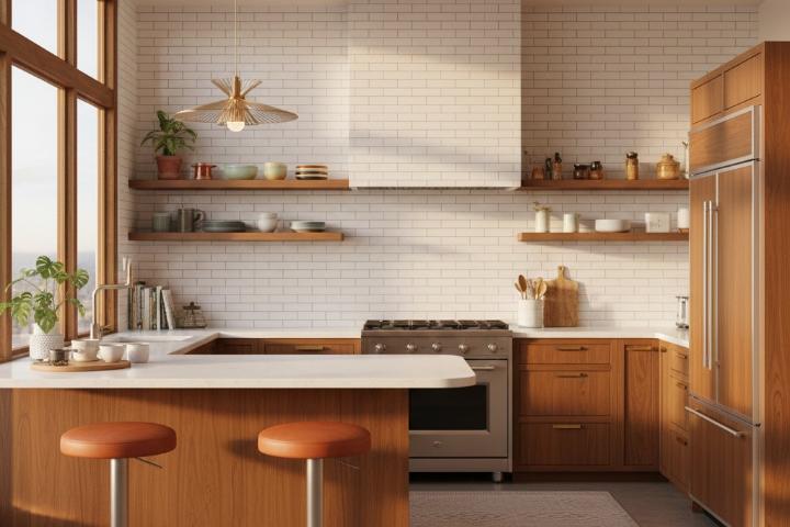 White subway tile backsplash with horizontal brick pattern in kitchen