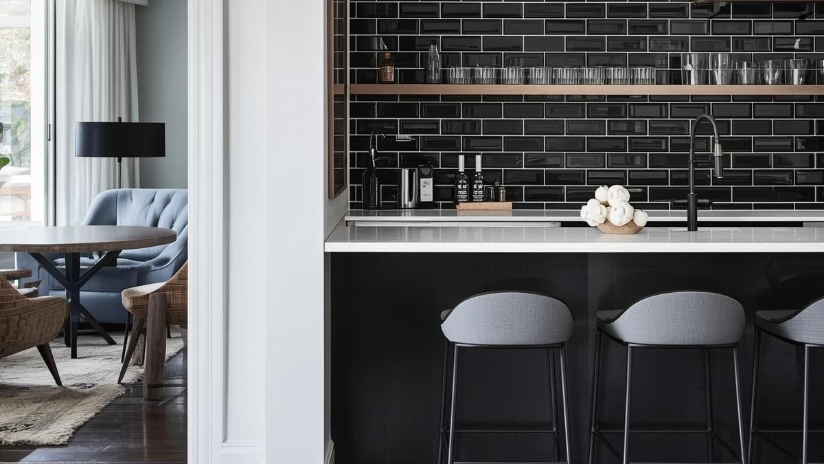 Black glossy subway tile backsplash with horizontal brick pattern in modern bar area