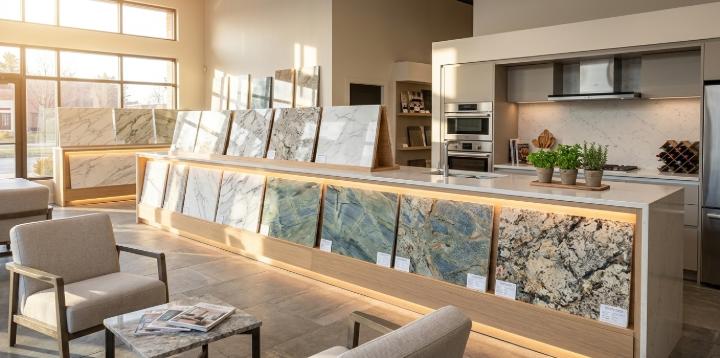 Natural stone slab samples showing color variation in marble granite and quartzite