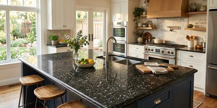 Speckled black granite natural stone slab on kitchen island