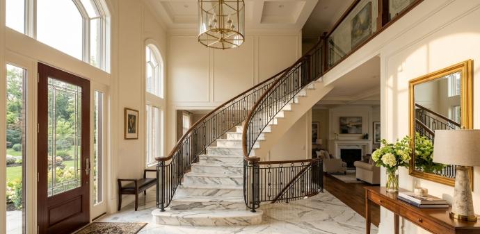 Calacatta marble staircase treads with gray veining