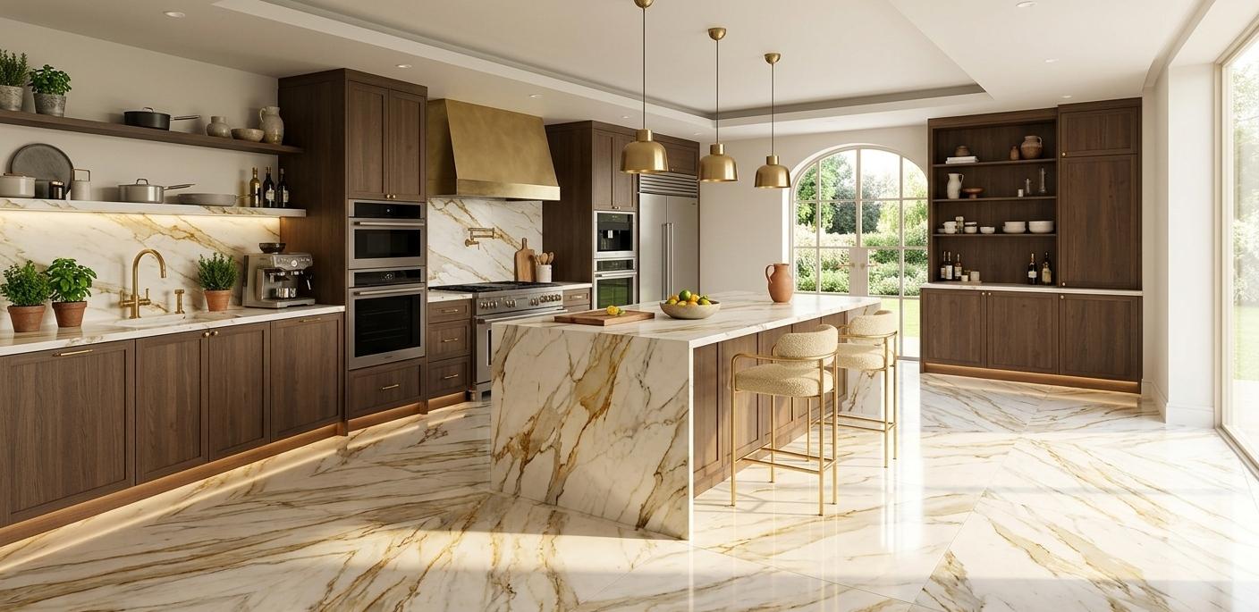 Calacatta marble flooring slab with bold gold veining