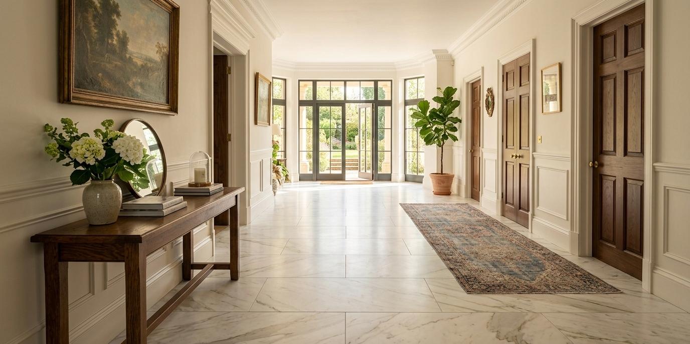 Honed Calacatta marble flooring in a bright hallway
