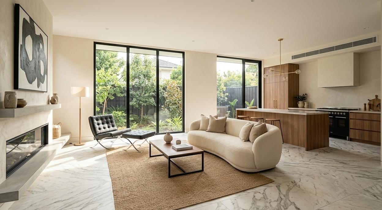 Leathered Calacatta marble flooring in an open-plan living room
