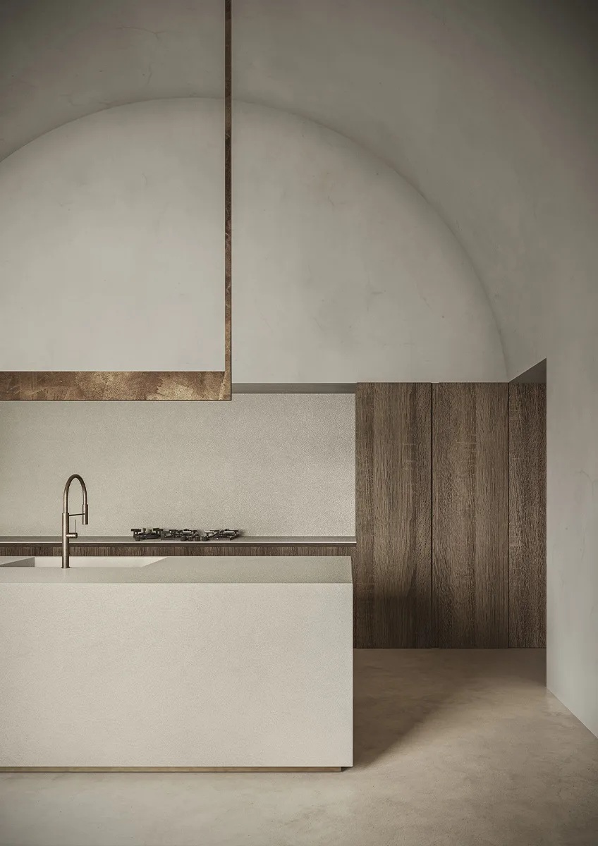 Minimalist kitchen featuring Plaster Snow porcelain slabs on island and flooring.