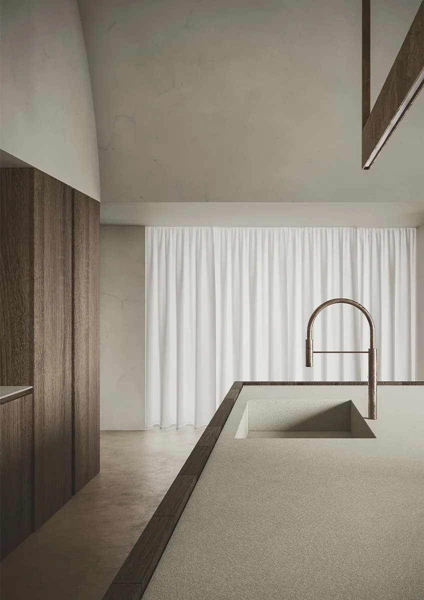 Modern kitchen sink area with Plaster Snow porcelain slabs and white curtains