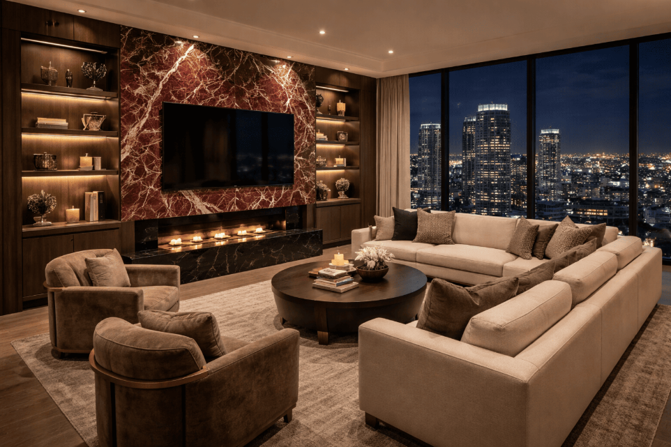 Burgundy Calacatta Marble slab used as a feature wall and fireplace surround in a luxury living room