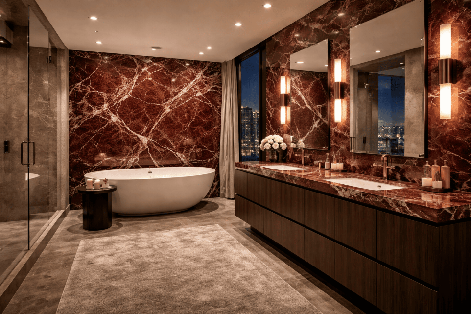 Burgundy Calacatta Marble slab on bathroom walls and vanity countertop in a high-end interior
