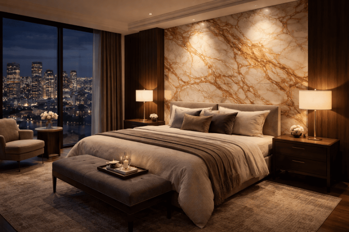Amber Calacatta marble accent wall in a luxury bedroom