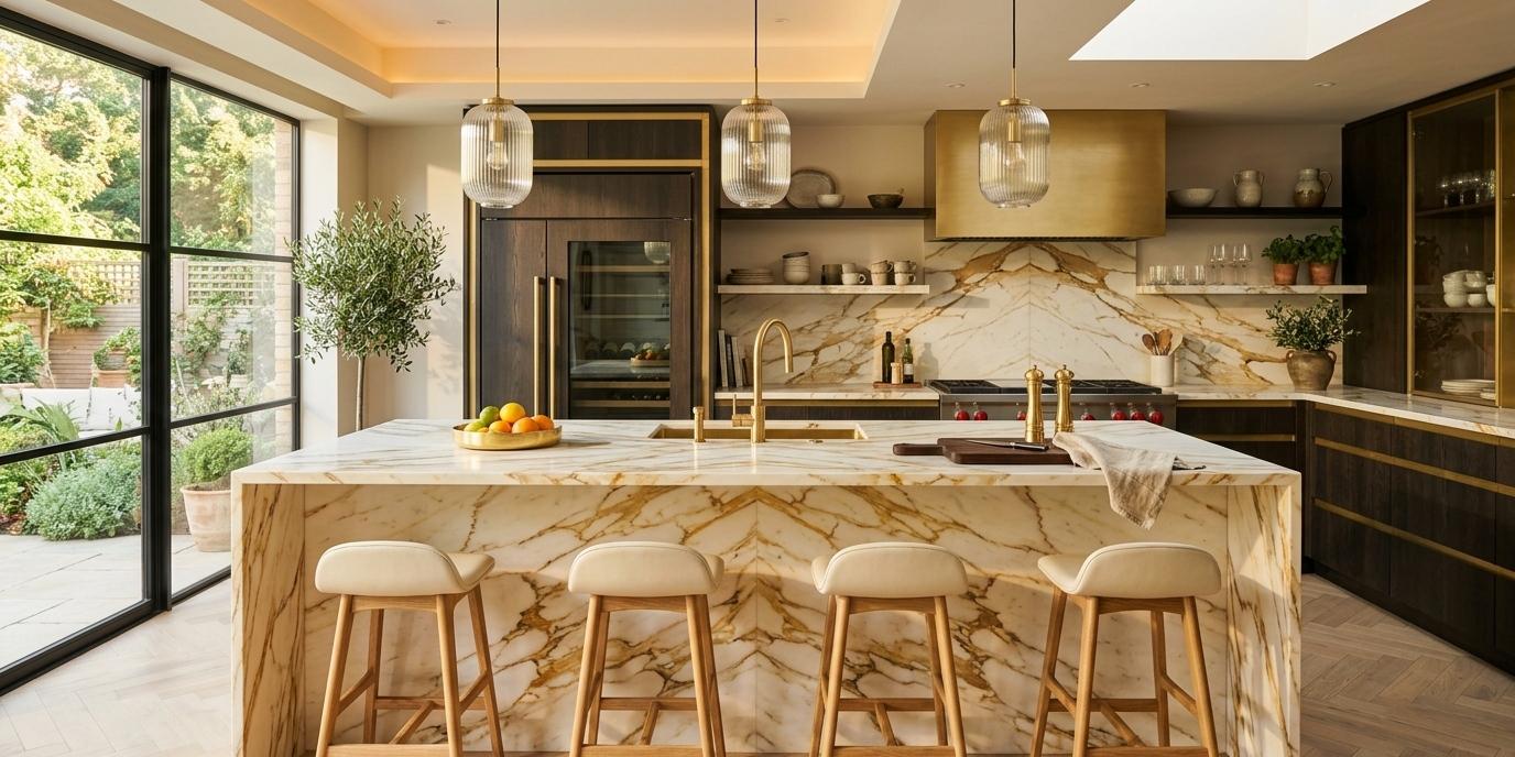 Leathered Honey Calacatta Marble slab paired with dark wood cabinetry