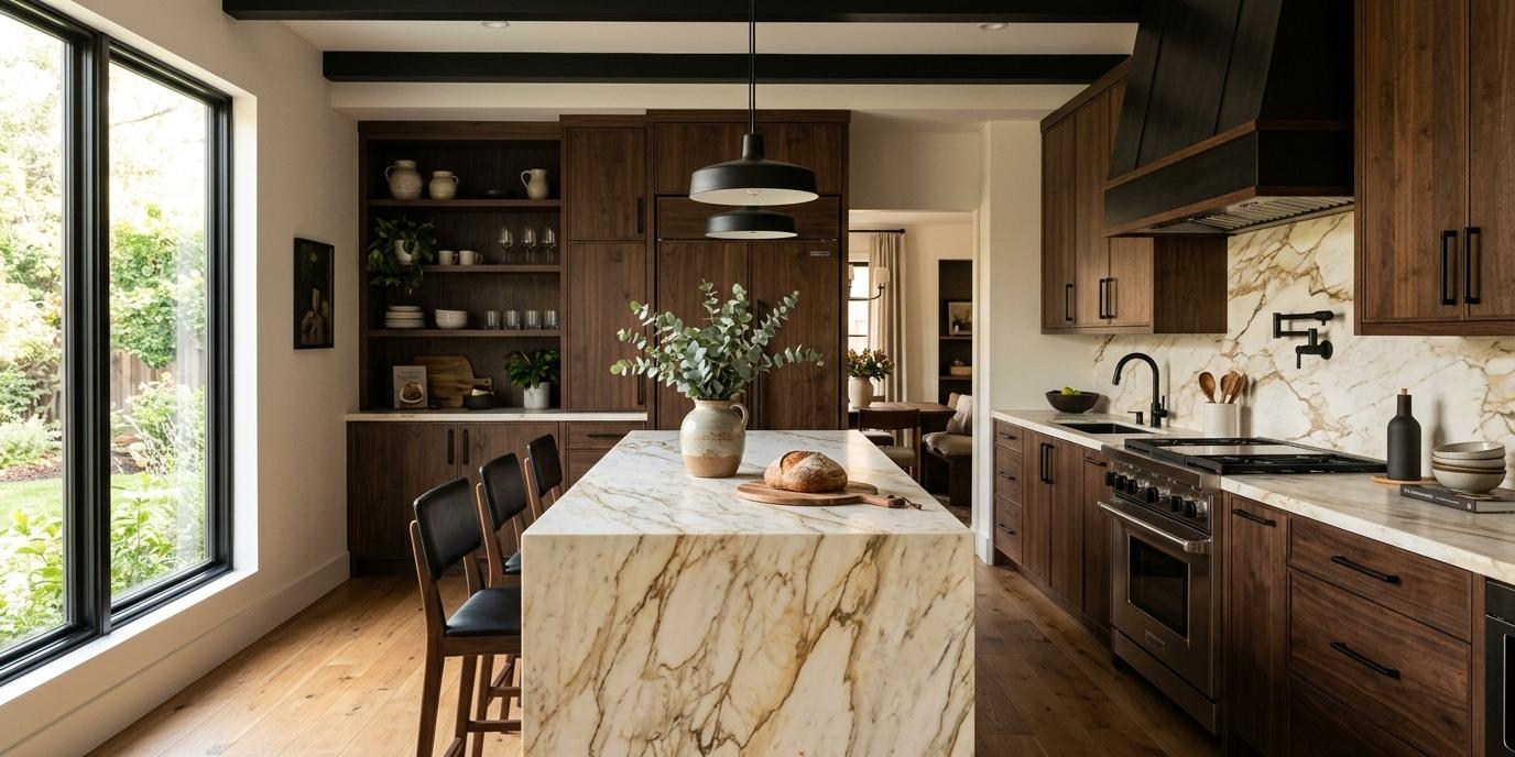 Leathered Honey Calacatta Marble slab paired with dark wood cabinetry