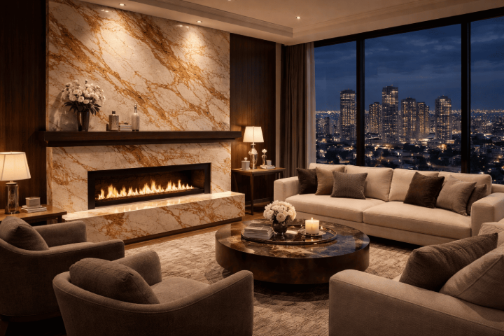 Calacatta marble fireplace surround and accent walls