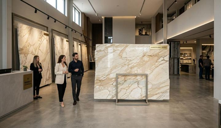 Calacatta marble slab display in a stone showroom with gold veining on white background, alongside design consultants browsing natural stone wall panels