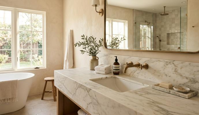 Calacatta marble bathroom vanity beige color.