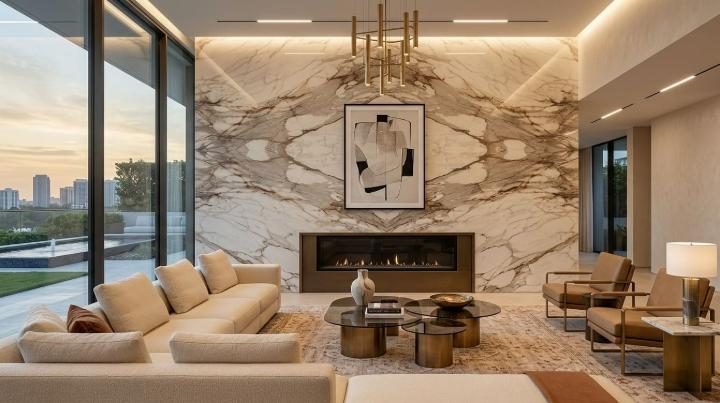 Bookmatched Calacatta marble accent wall with fireplace in a modern living room, featuring neutral furnishings, brass chandelier, and floor-to-ceiling windows