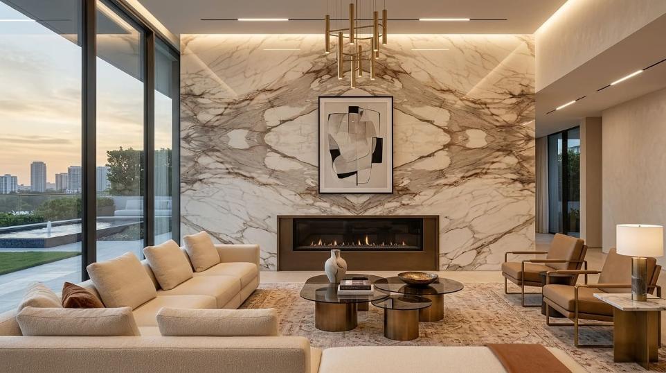 Living room with a statement wall of beige calacatta marble