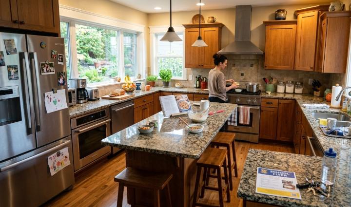 granite countertops in busy family kitchen