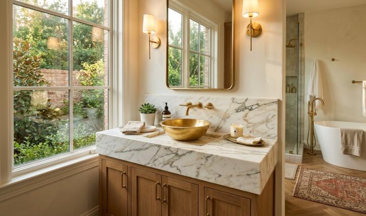 calacatta marble bathroom vanity top with gold vessel sink