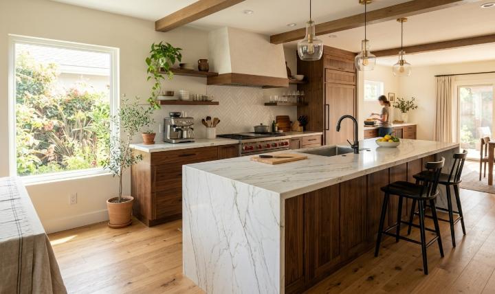 white quartzite kitchen island countertop with waterfall edge