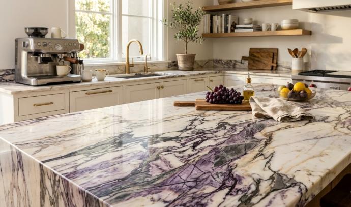 Close-up of Purple Calacatta Marble veining detail highlighting violet tones