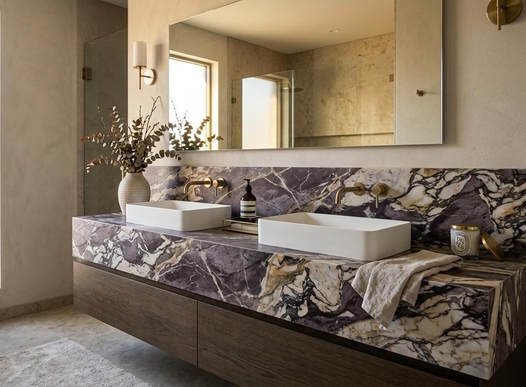 Leathered Purple Calacatta Marble slab with distinctive veining pattern