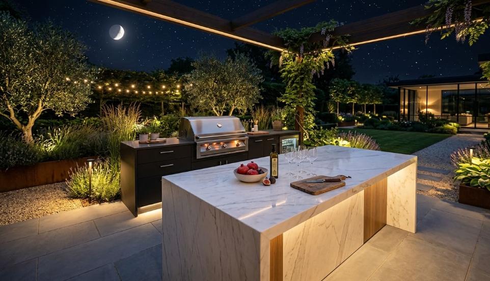 Modern outdoor kitchen featuring a large Calacatta marble kitchen island
