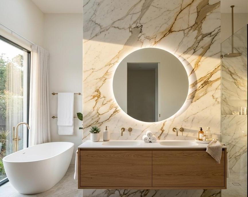 Polished Calacatta marble feature wall with bold gold veining