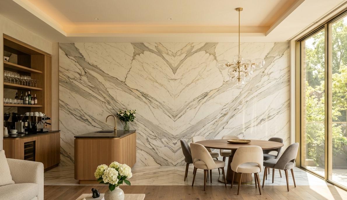 Calacatta marble on feature wall in luxury interior