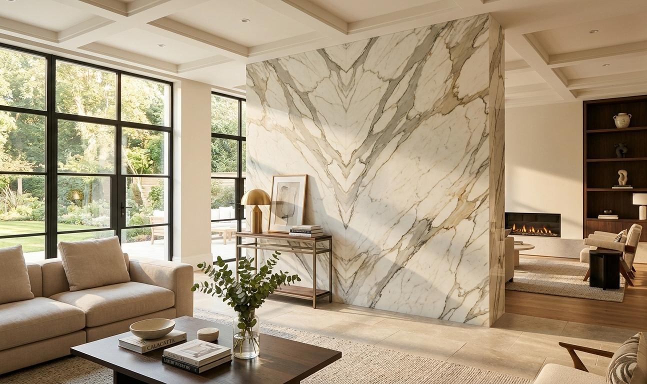 Bookmatched Calacatta marble feature wall with mirrored veining pattern