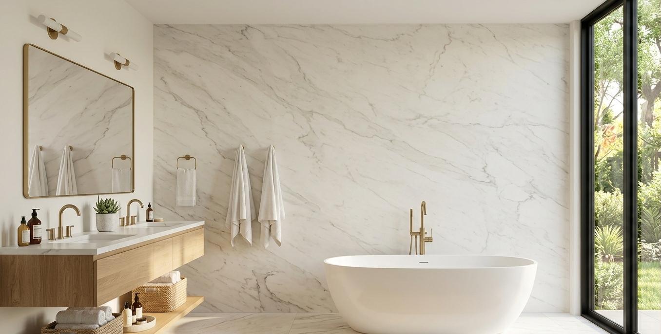 Honed Calacatta marble bathroom wall slab with soft gray veining