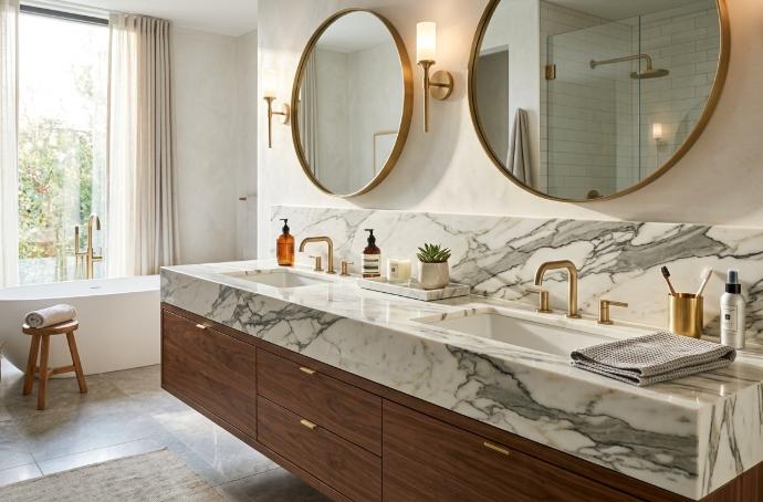 Polished Calacatta marble bathroom countertop with bold white and grey veining