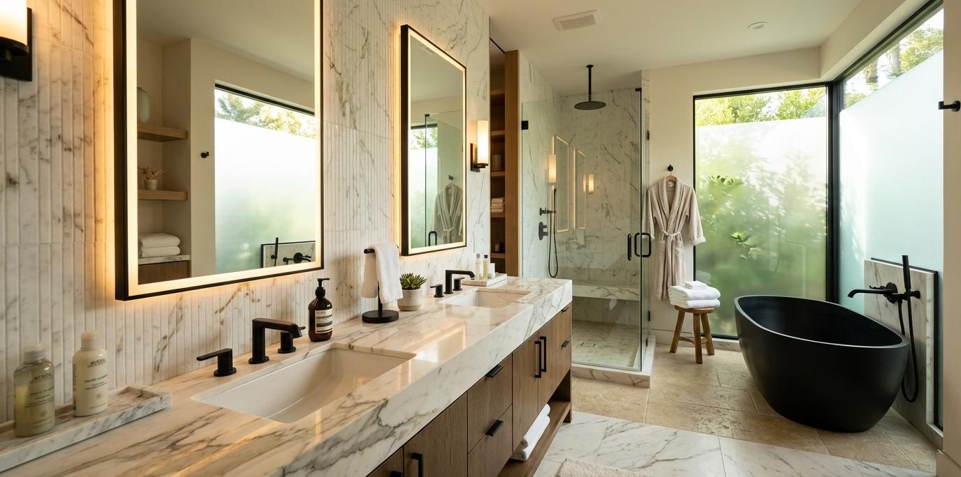 Luxury spa-style bathroom featuring a Calacatta marble vanity countertop