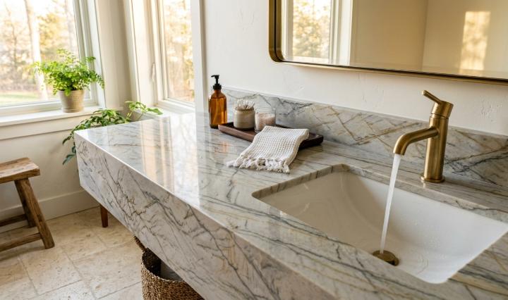 Quartzite stone slab bathroom vanity surface close-up