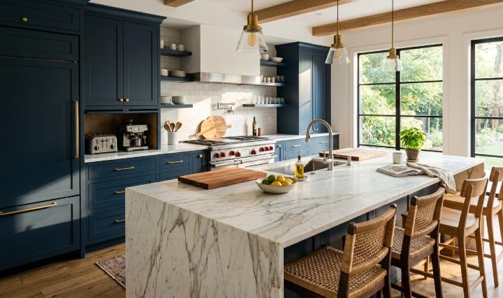 White marble natural stone slab kitchen island countertop