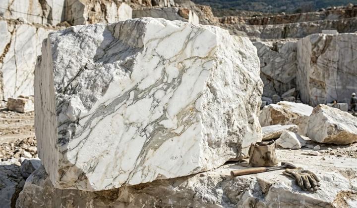 A raw marble block in a quarry