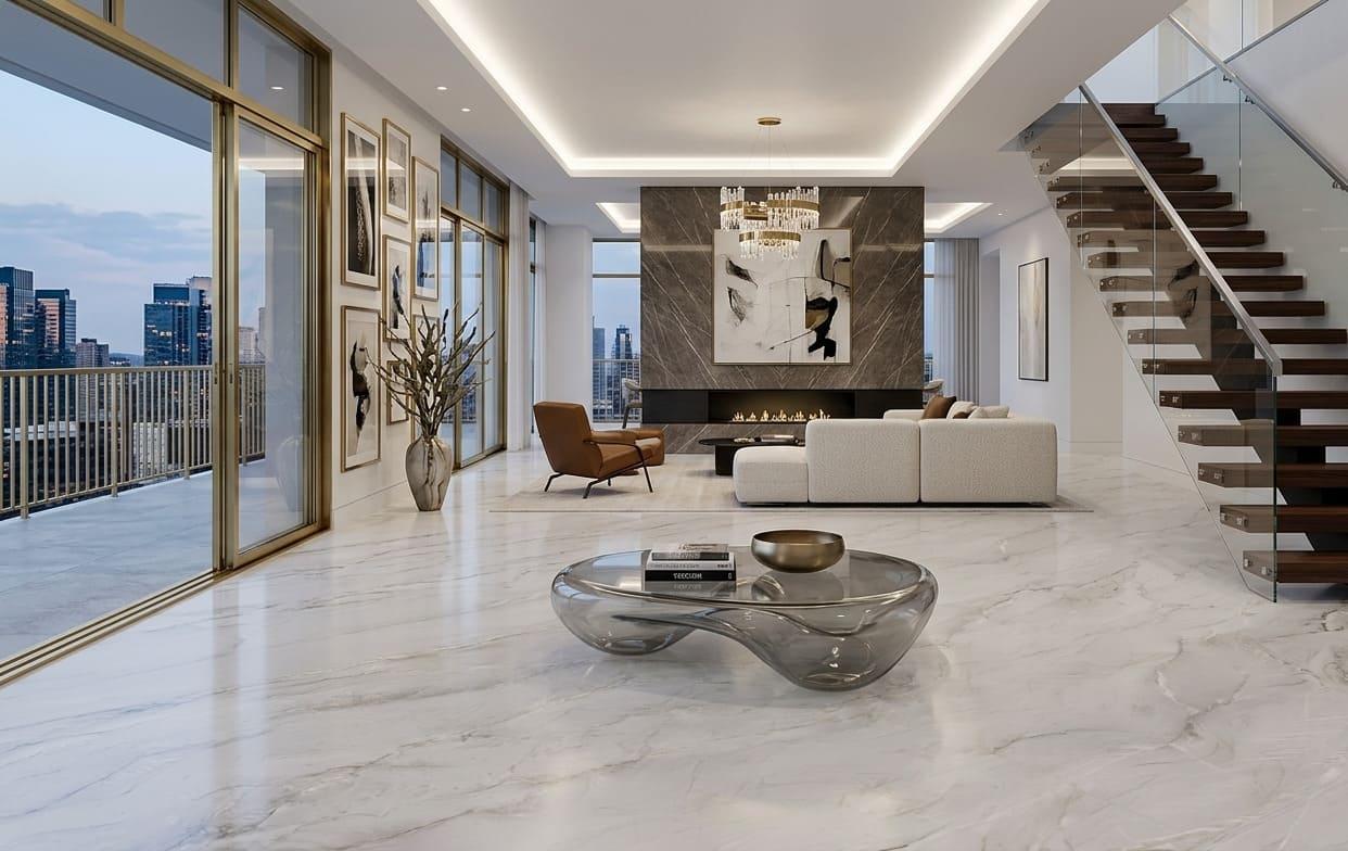 Modern luxury living room with polished Mont Blanc quartzite floors