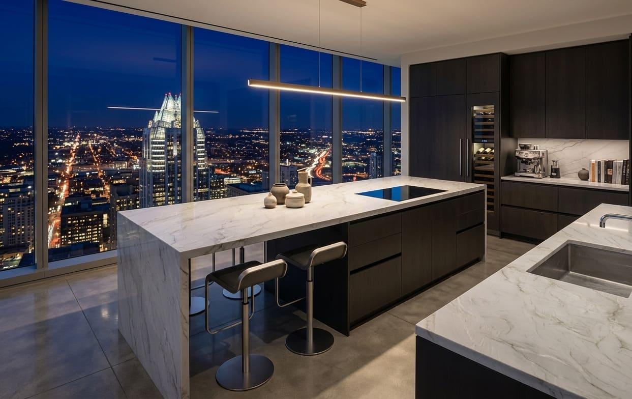 Contemporary kitchen island and countertop with Mont Blanc quartzite