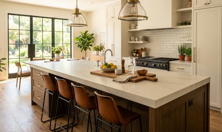 large format engineered slab leathered finish kitchen island