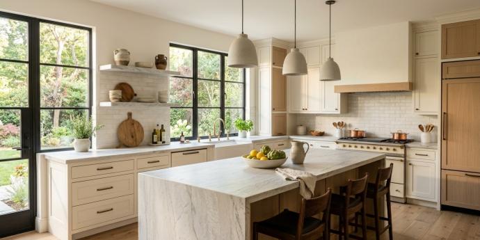 Leathered quartzite countertop in soft white and gray finish