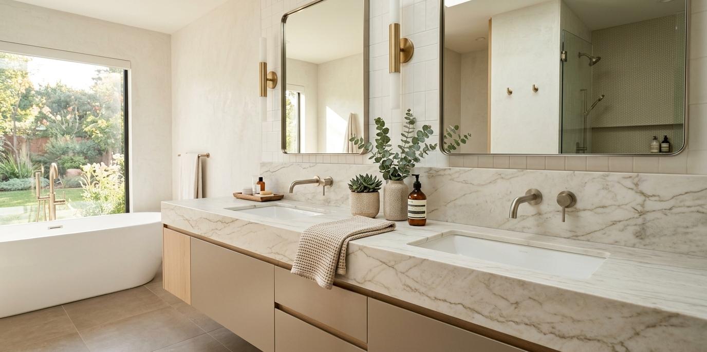 Honed Mont Blanc quartzite surface on modern bathroom vanity