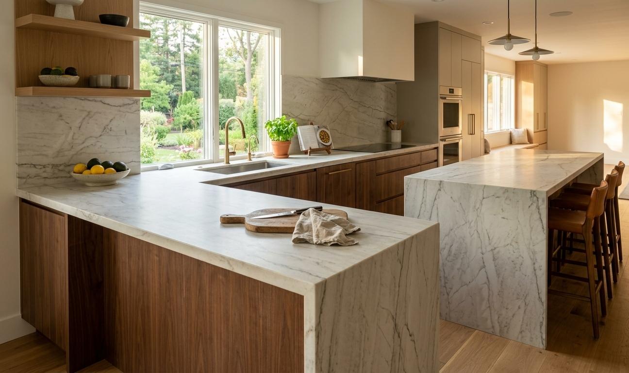 Large-format honed quartzite slab installed as a seamless luxury kitchen countertop