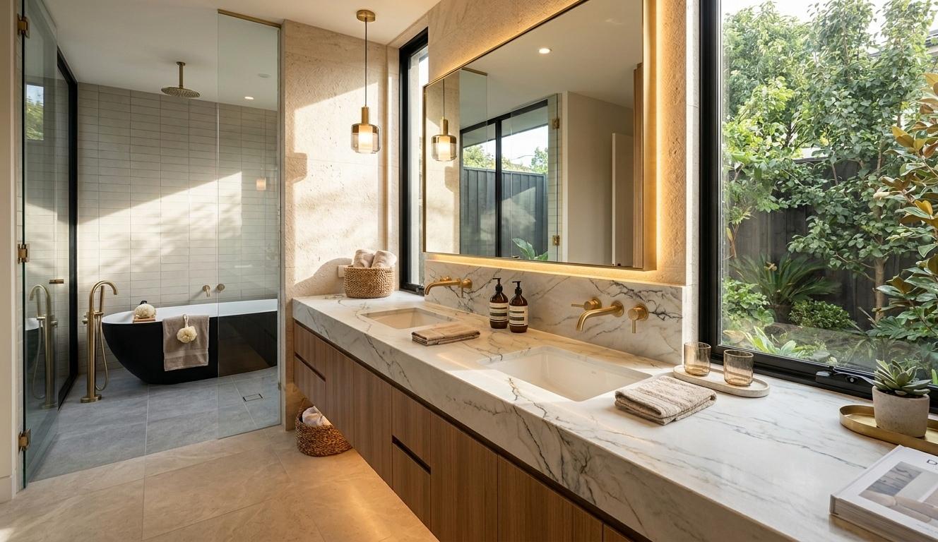 Bathroom vanity featuring Mont Blanc Quartzite Honed surface