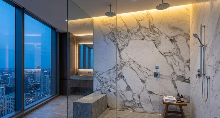 Granite slab wall in bathroom