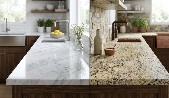 Comparative kitchen view showing marble countertop alongside granite countertop