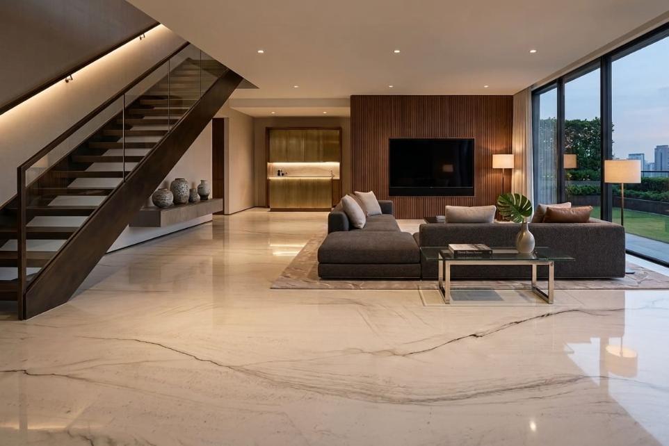 Modern luxury home with seamless Mont Blanc quartzite polished floor